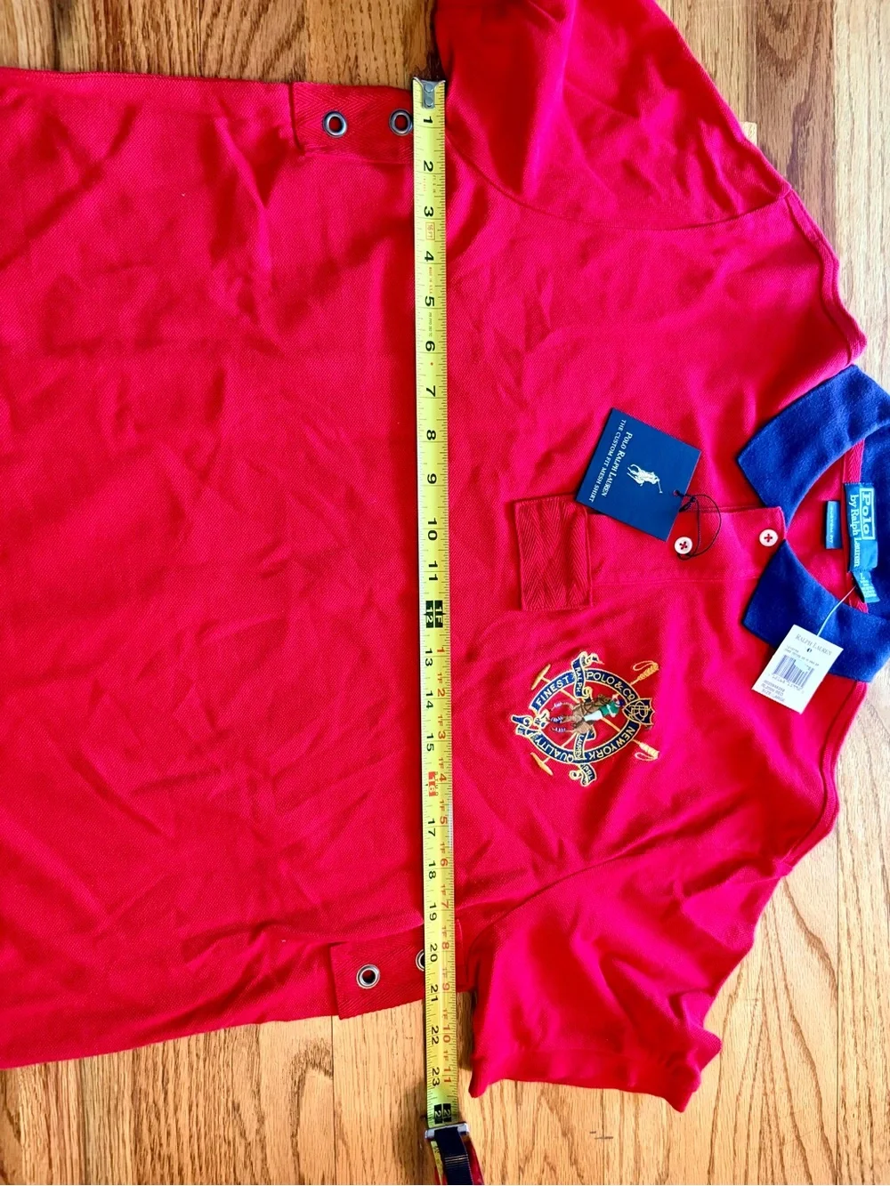 NWT Ralph Lauren Red Polo with Navy Contrast Collar and Crest. Custom Fit